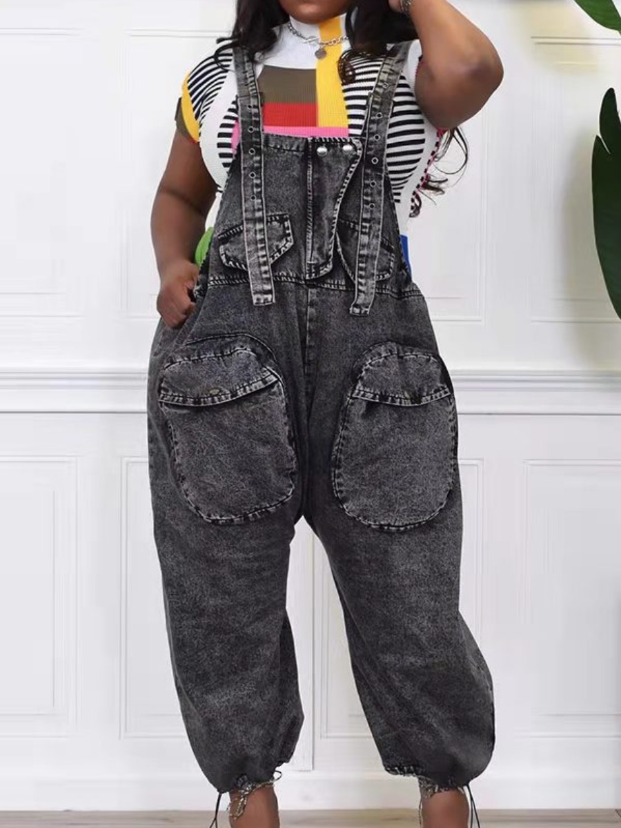 

LW SXY Pocket Design Loose Overall Denim Jumpsuit, Black