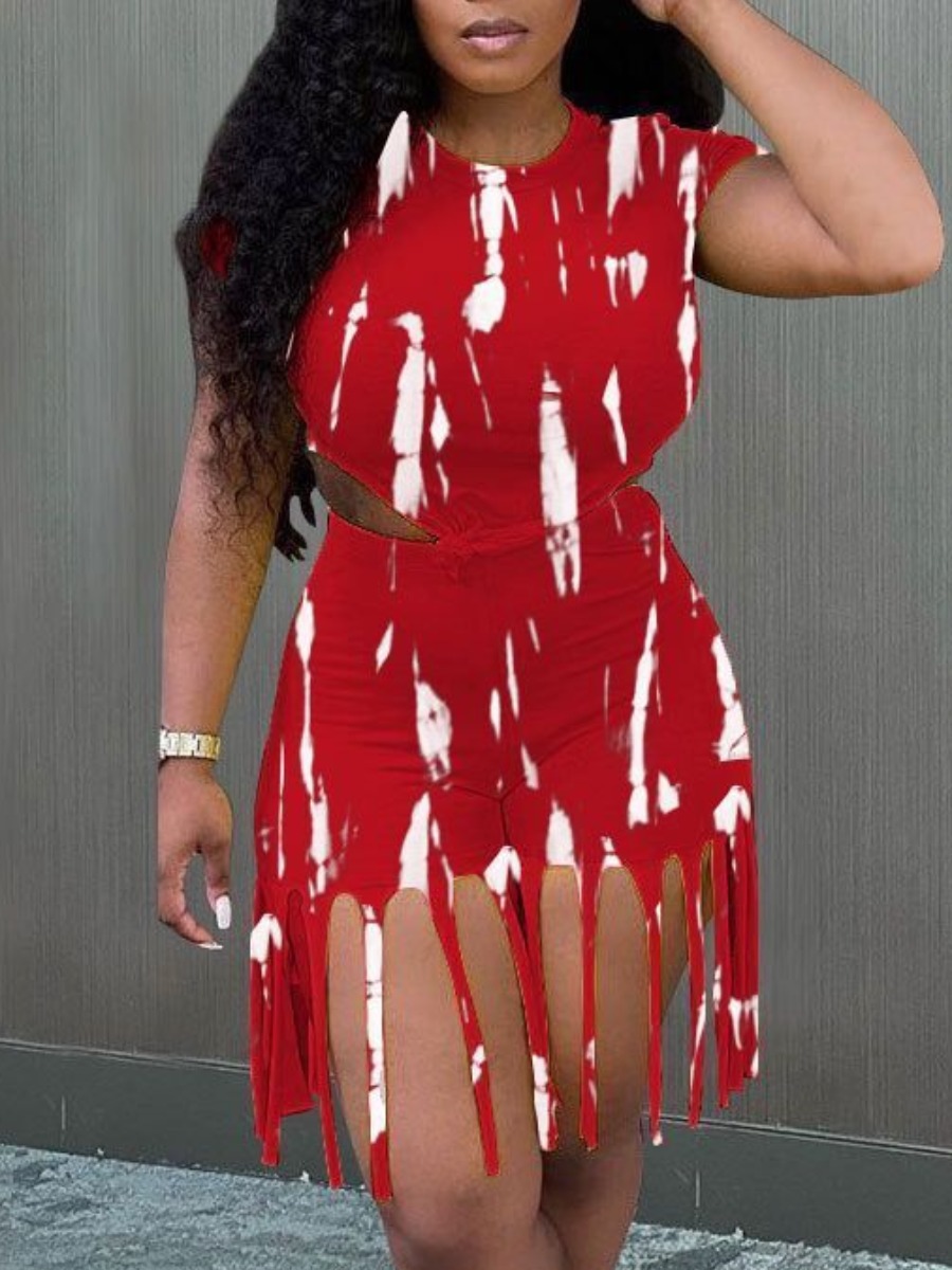 

LW Tie-dye Tassel Design Shorts Set, Red