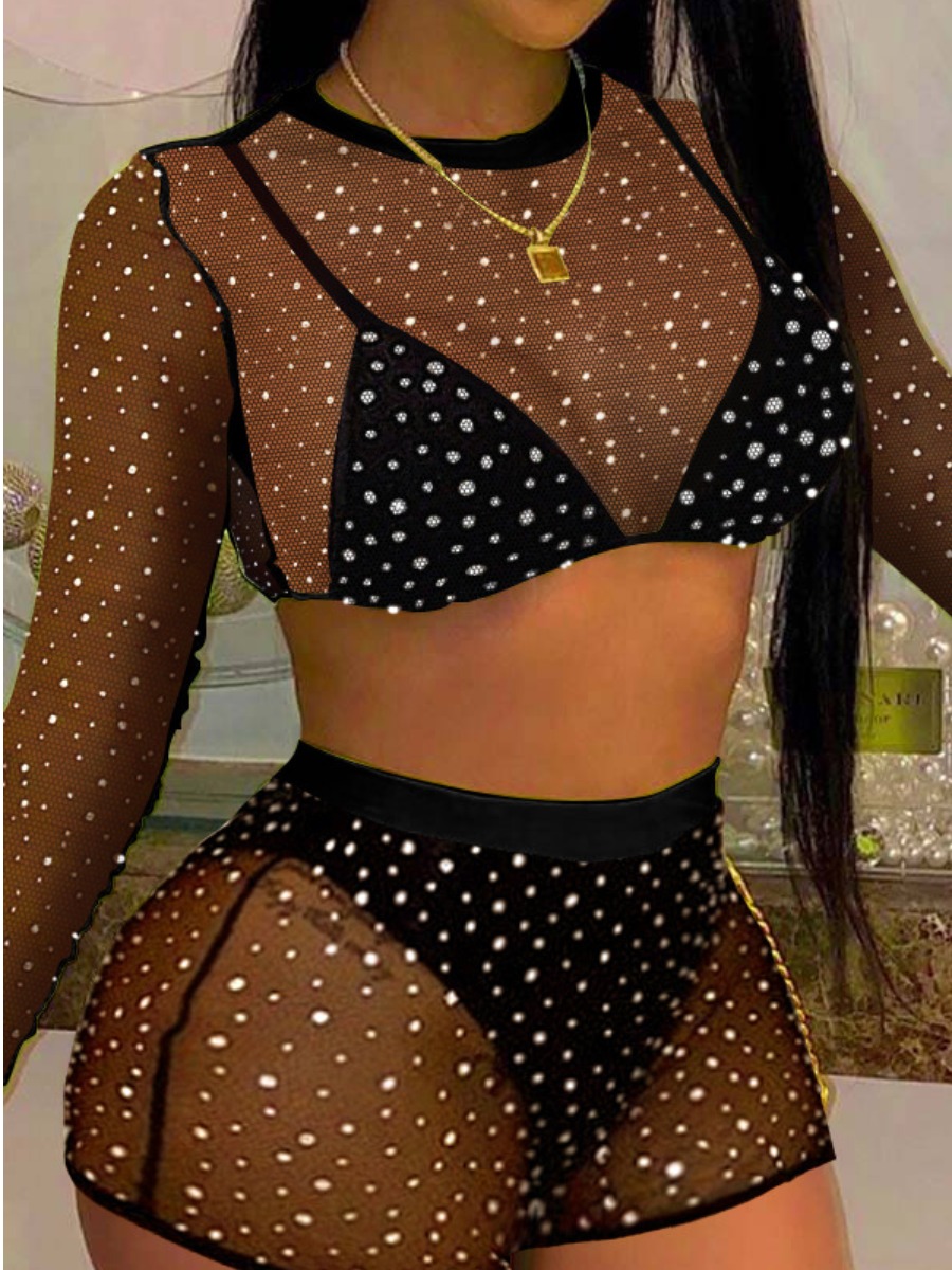 

LW SXY Dot Print See-through Stretchy Shorts Set, Black