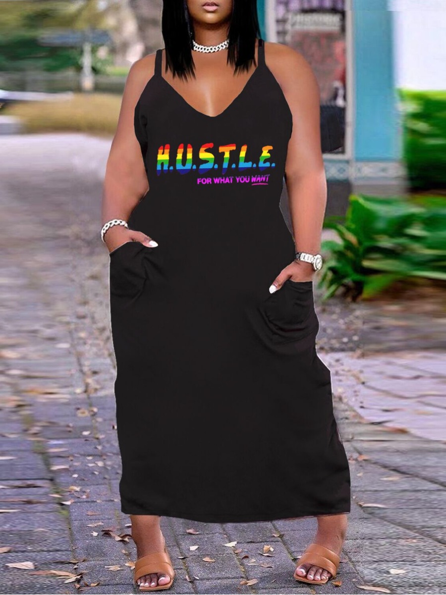 LW Plus Size Hustle Letter Print Cami Dress