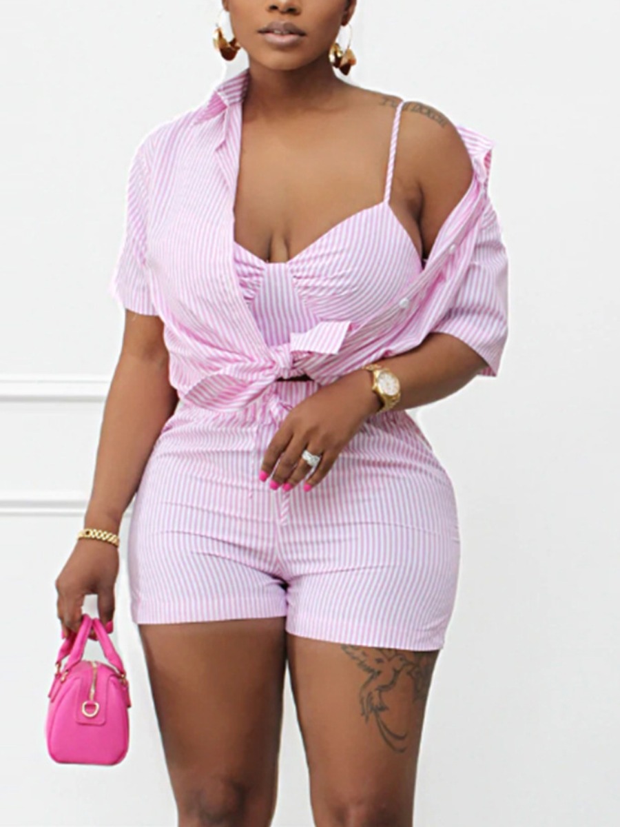 

LW Turndown Collar Striped Three-piece Shorts Set, Pink