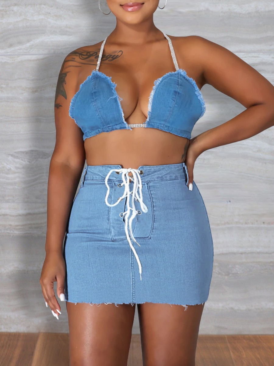 

LW Bandage Design Raw Edge Denim Skirt, Baby blue