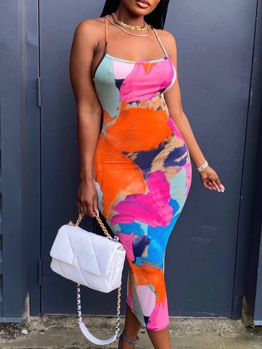 LovelyWholesale Mixed Print Backless Bodycon Dress Summer Sleeveless Vacation Graffiti Element Spaghetti Strap Spring Summer 2024