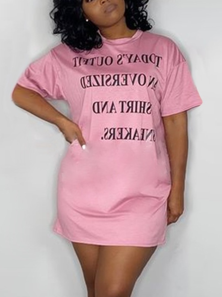 

LW COTTON Plus Size Round Neck Letter Print Dress, Pink