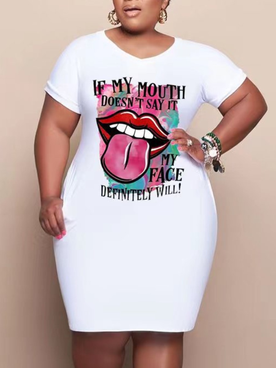

LW Plus Size Lip Letter Print Bodycon Dress, White