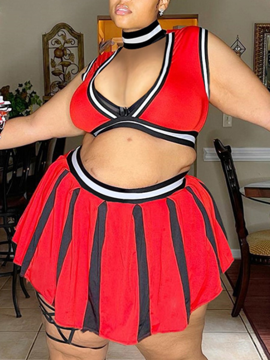 

LW SXY Plus Size See-through Striped Skirt Set, Red