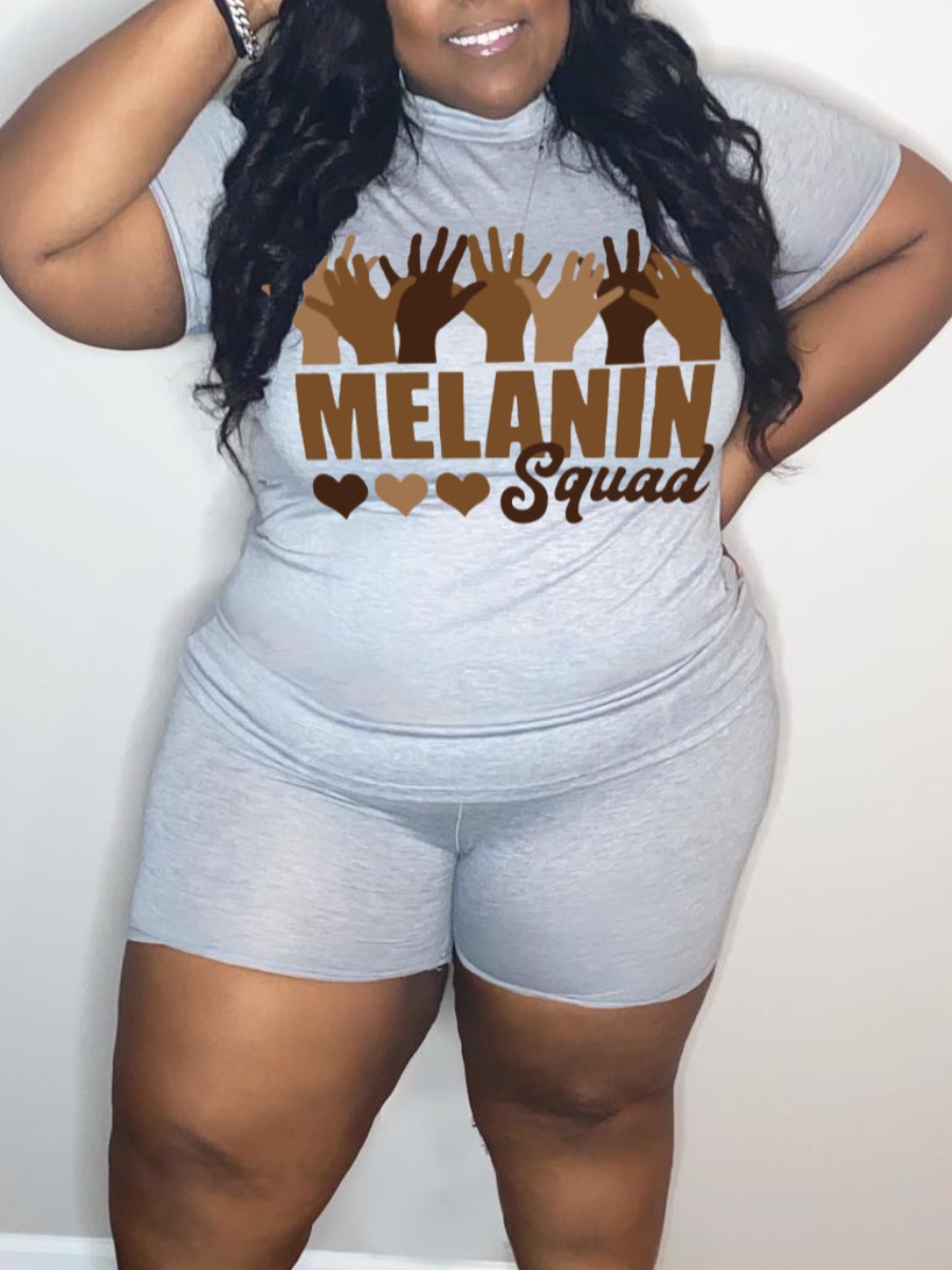 

LW Plus Size Heart Melanin Letter Print Shorts Set, Grey