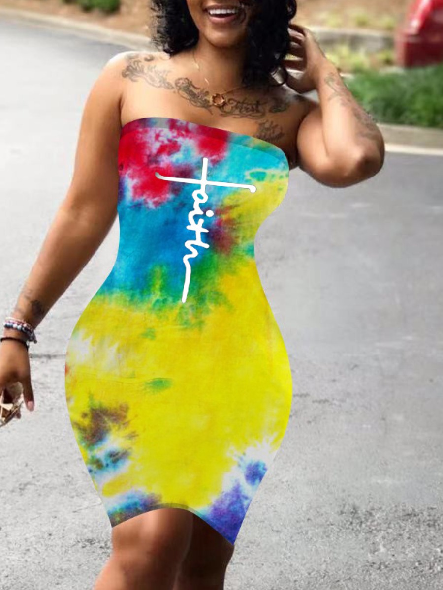 

LW Off The Shoulder Faith Letter Print Tie-dye Dress, Multi