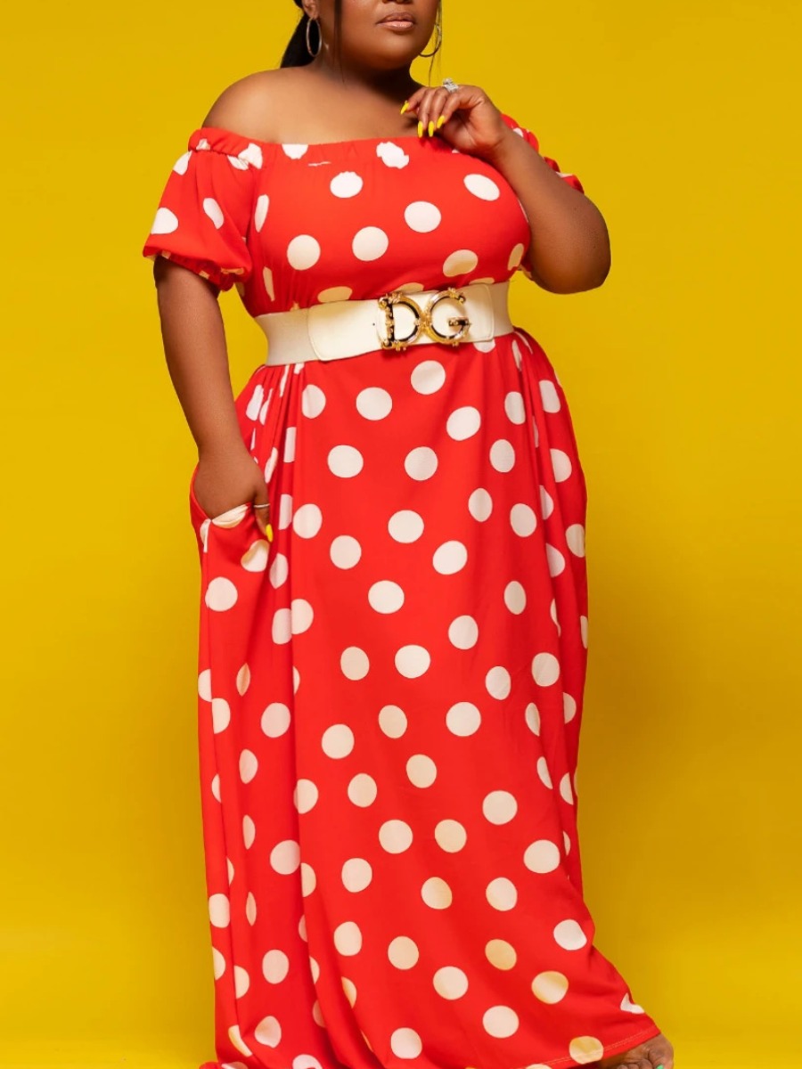 

LW Plus Size Off The Shoulder Dot Print Dress (Without Belt), Red