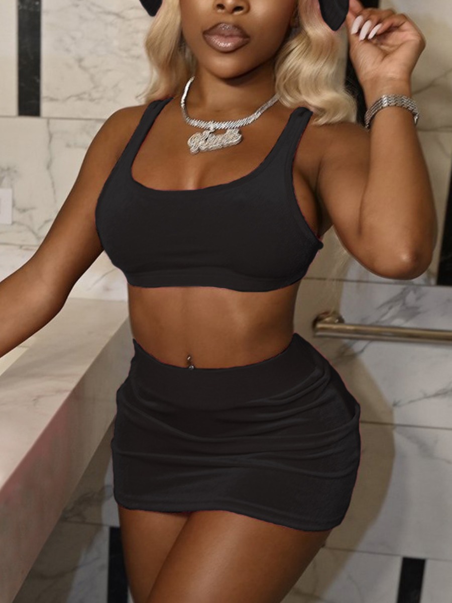 

LW SXY Crop Top Stretchy Skirt Set, Black