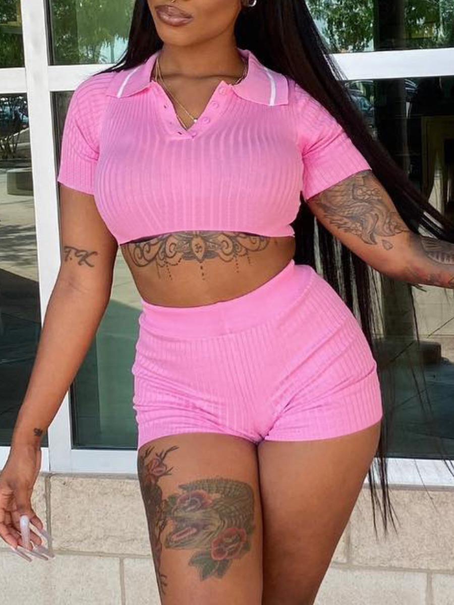 

LW BASICS Striped Crop Top Shorts Set, Light pink
