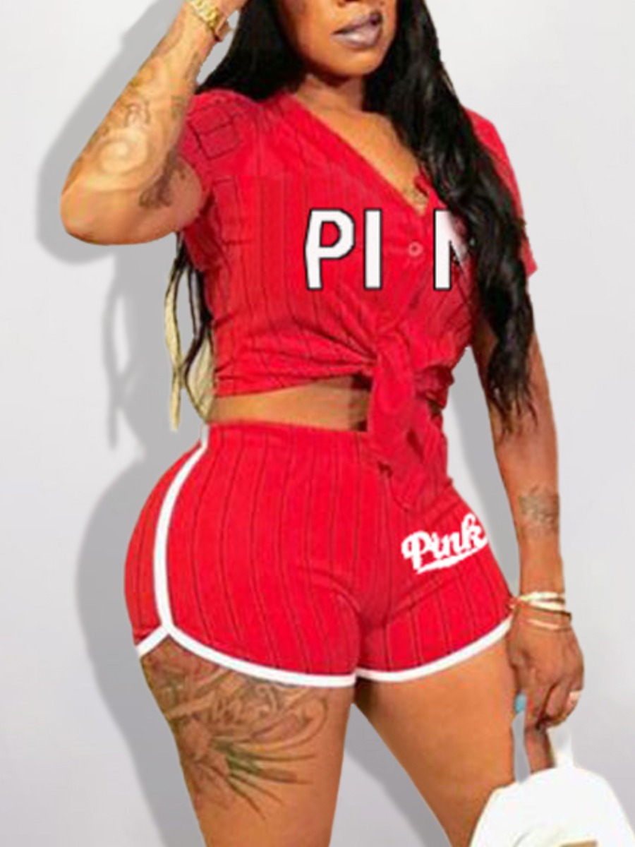 

LW Pink Letter Print Striped Shorts Set, Red