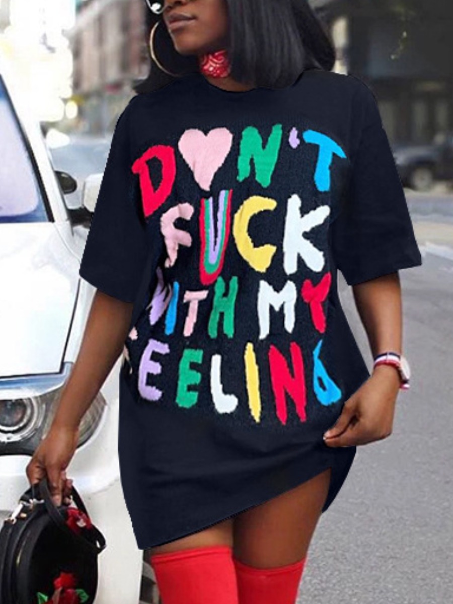 LovelyWholesale Heart Letter Print Patchwork T-shirt Dress Summer Half Sleeve Casual Basic Round Neck Spring Summer 2024