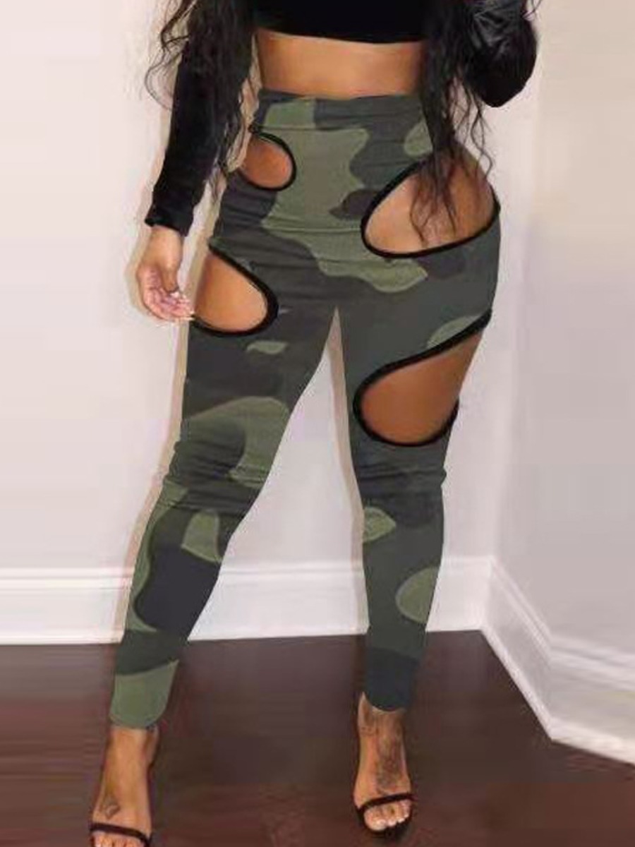 

LW Camo Print Cut Out Pants, Army green camouflag