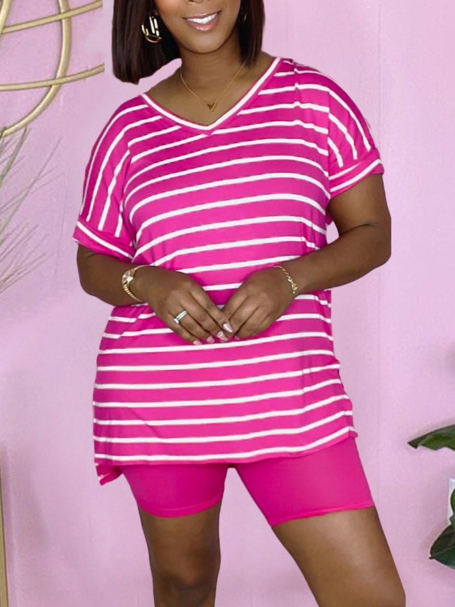 

LW BASICS V Neck Striped Stretchy Shorts Set, Rose red