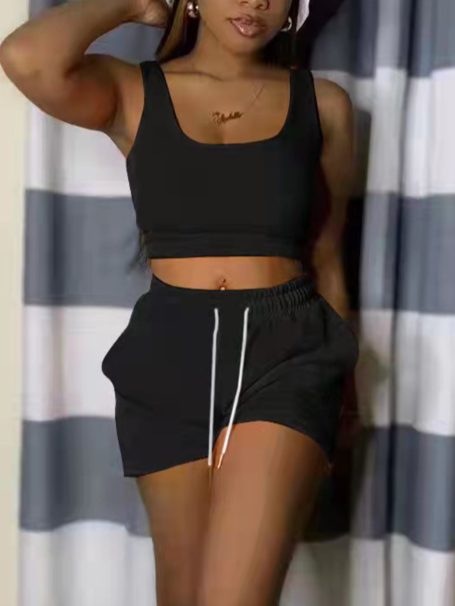 

LW BASICS Cami Drawstring Shorts Set, Black