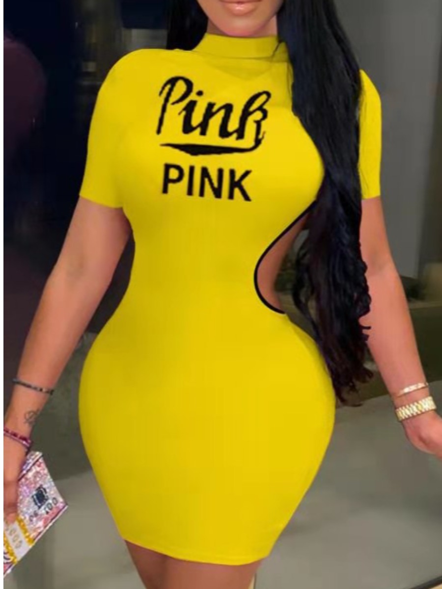 

LW Pink Letter Print Cut Out Bodycon Dress, Yellow