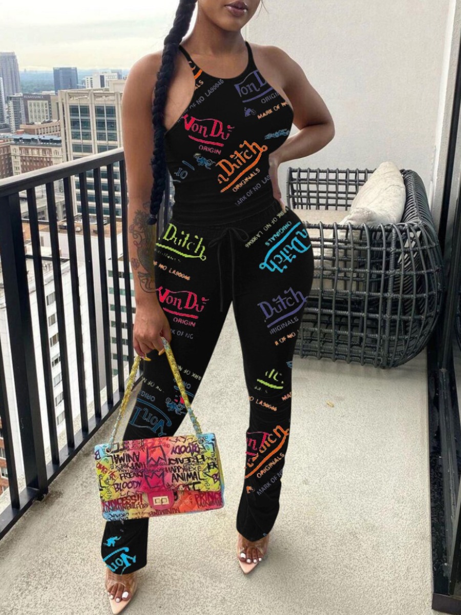 

LW Letter Print Cami Pants Set, Black