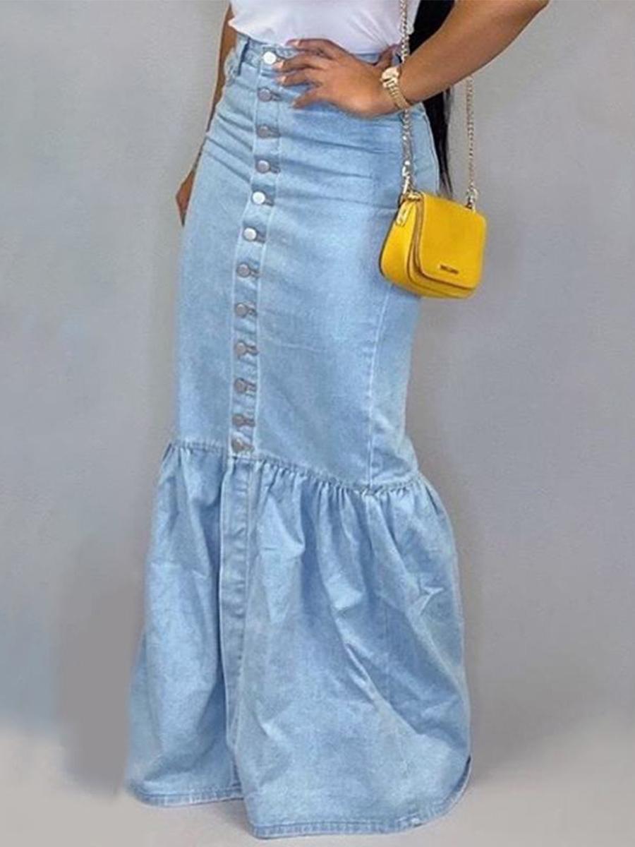 

LW Button Ruffle Design Denim Skirt, Baby blue