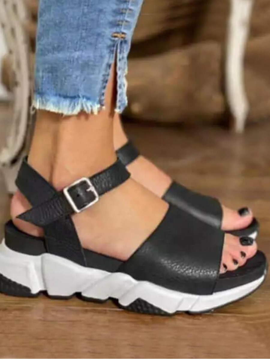 

LW Buckle Design Platform Sandals, Black