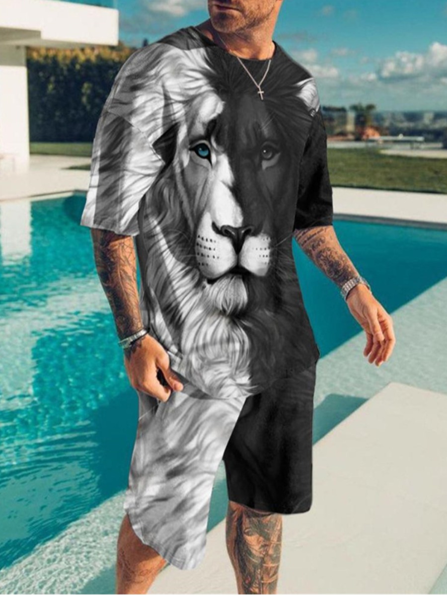 LovelyWholesale Men Round Neck Animal Print Shorts Set Summer Short Sleeve Casual Print Round Neck Spring Summer 2024