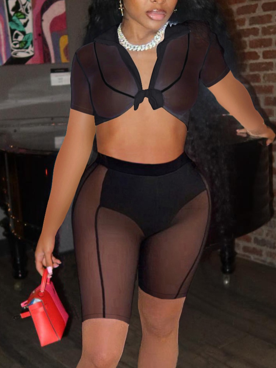 

LW SXY Crop Top See-through Shorts Set, Black