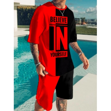 

LW Men Round Neck Letter Print Shorts Set, Red