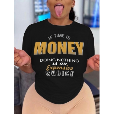 

LW Plus Size Round Neck Letter Print T-shirt, Black