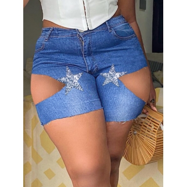 

LW SXY Mid-Waist Ripped High Stretchy Stars Print Denim Shorts, Blue
