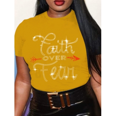 

LW BASICS Plus Size Rhinestone Faith Letter T-shirt, Orange yellow