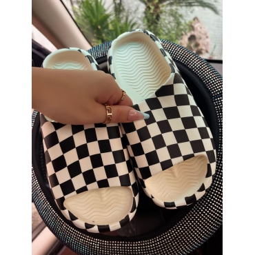

LW Plaid Print Slides, Black & white tartan