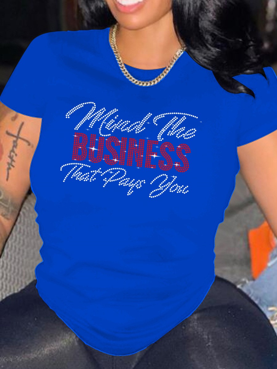 

LW Plus Size Rhinestone Business Letter T-shirt, Blue