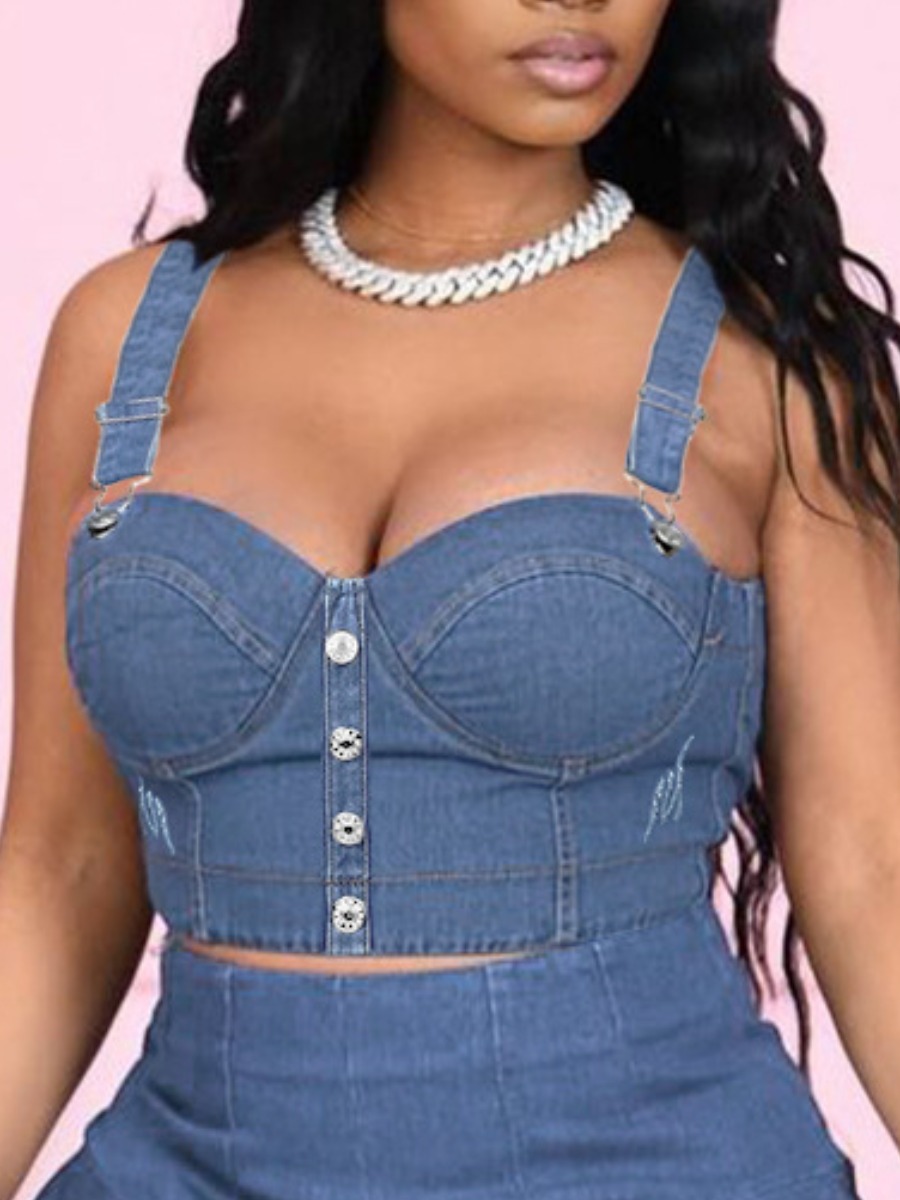 

LW Adjustable Strap High Stretchy Denim Top, Blue