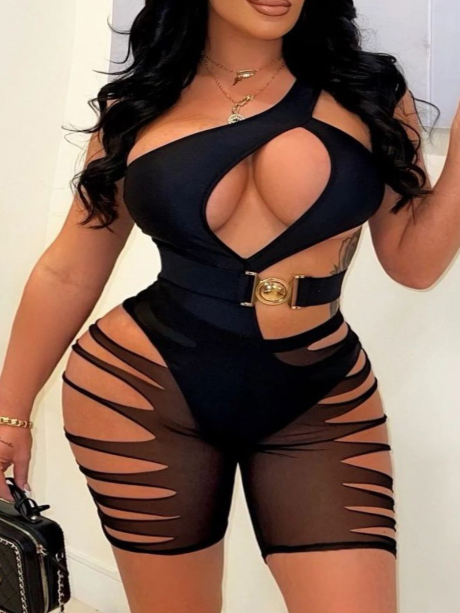 

LW SXY Plus Size Metal Button Cut Out See-through Shorts Set, Black