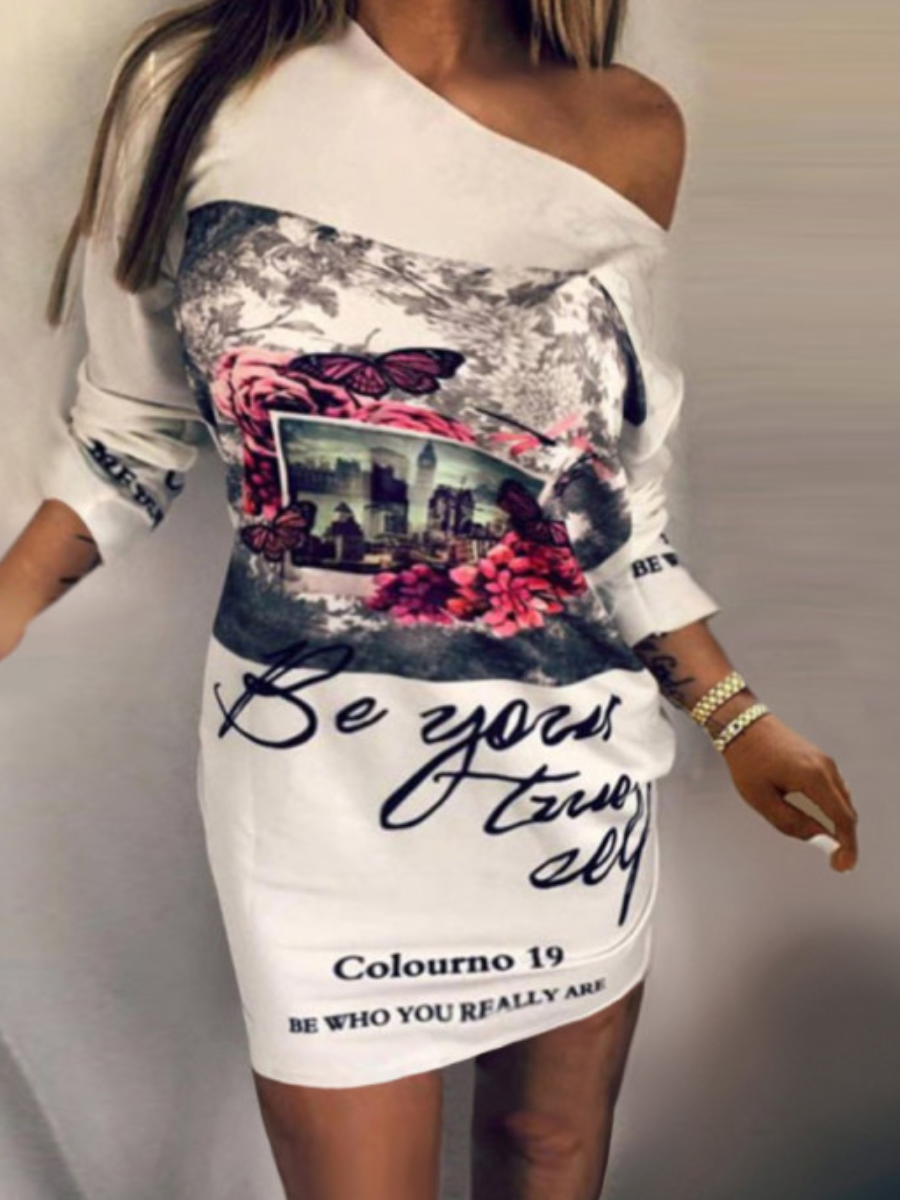 LovelyWholesale Floral Letter Butterfly Print Dress Summer Three Quarter Casual Basic Cold Shoulder Spring Summer 2024