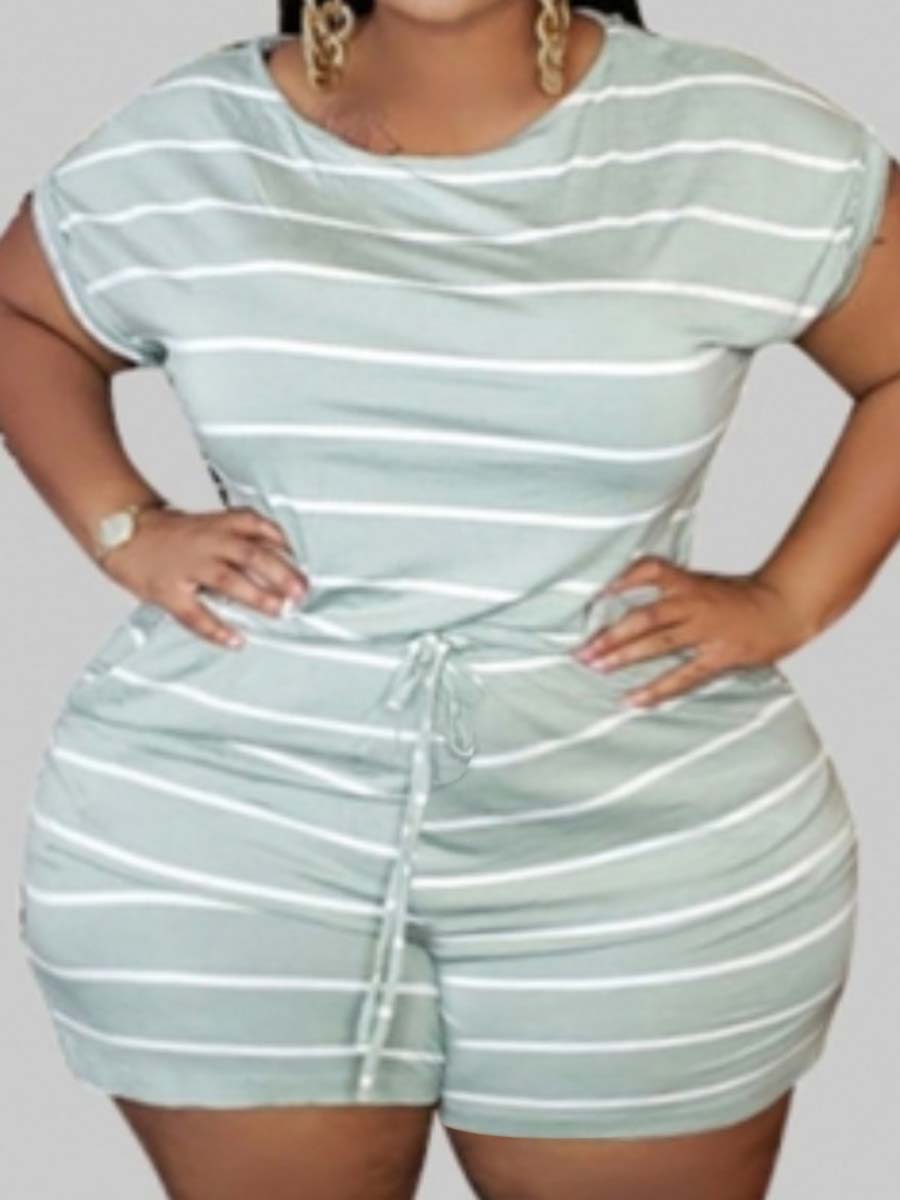 

LW Plus Size Striped Drawstring Romper, Light green