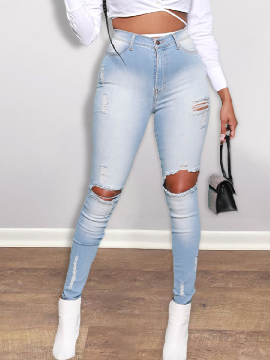 

LW High-waisted Ripped Jeans, Baby blue