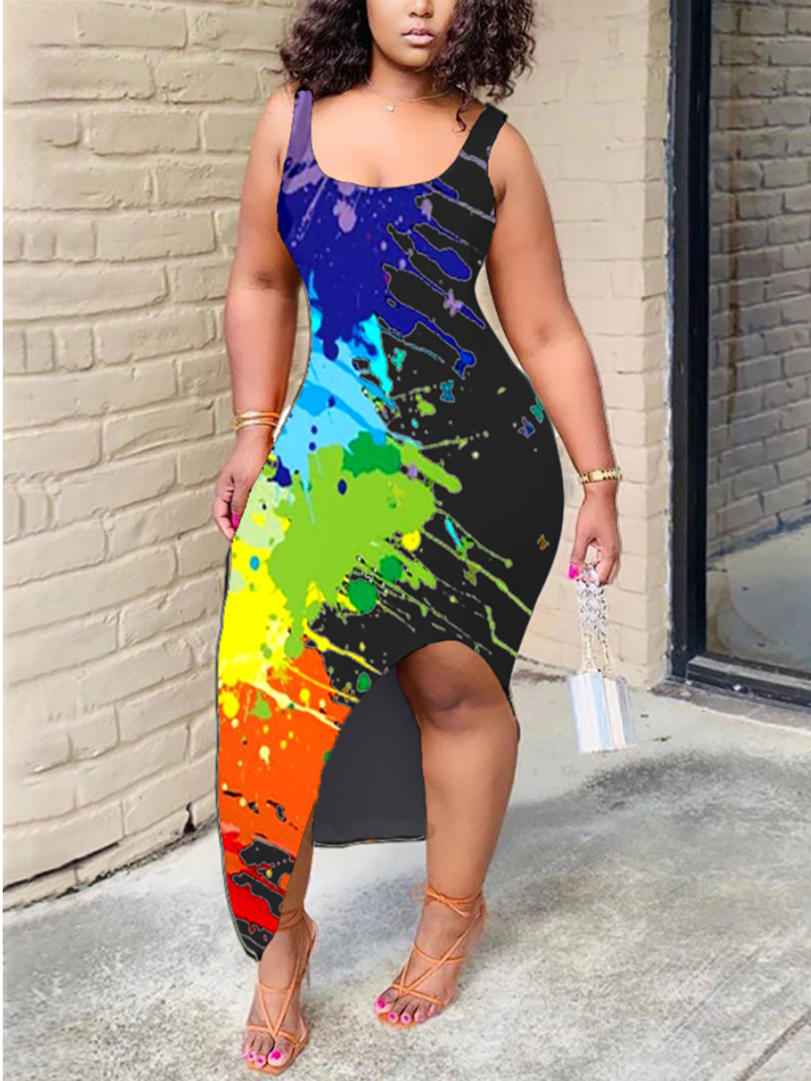 

LW Plus Size Rainbow Splash-ink Slit Cami Dress, Black