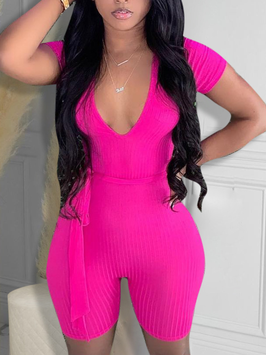 

LW Rib-Knit Skinny Romper, Rose red