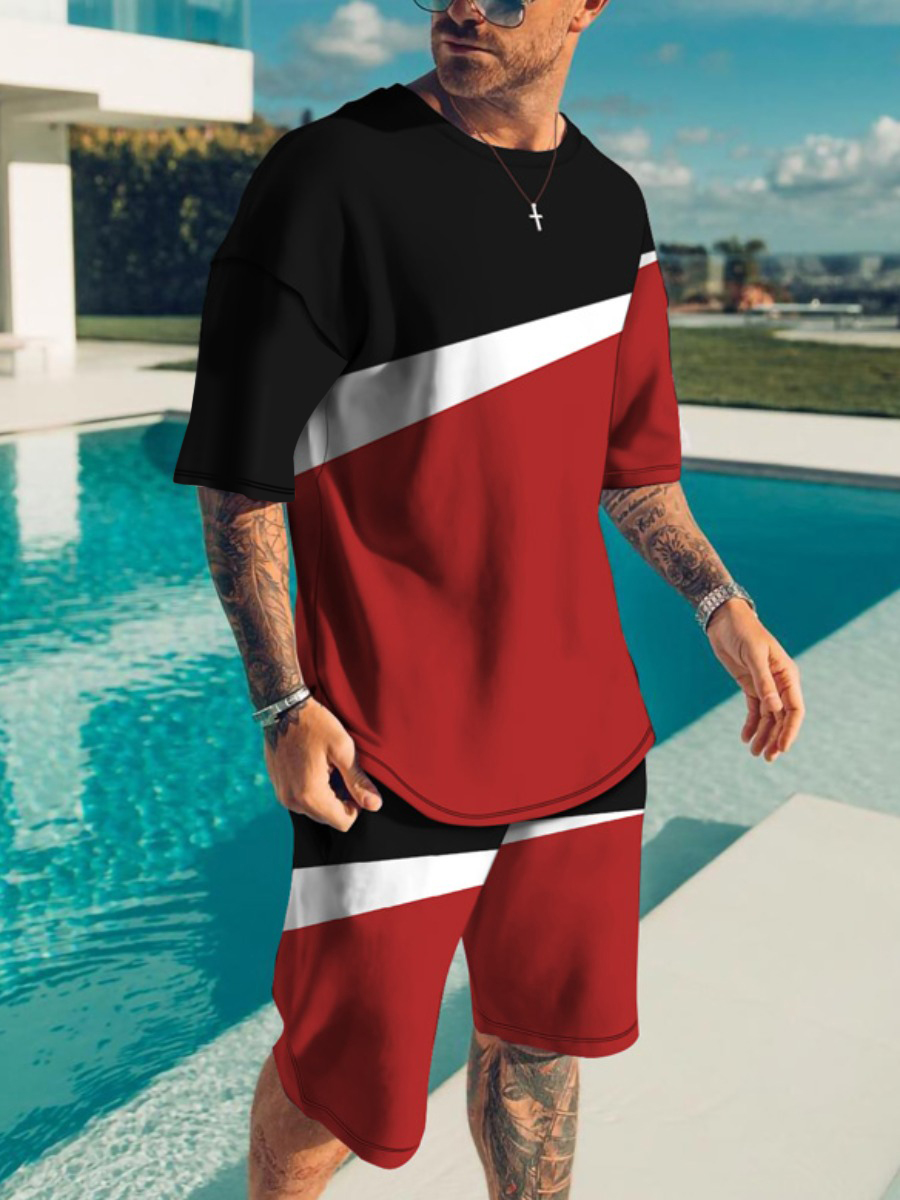 LW Men Round Neck Patchwork Shorts Set