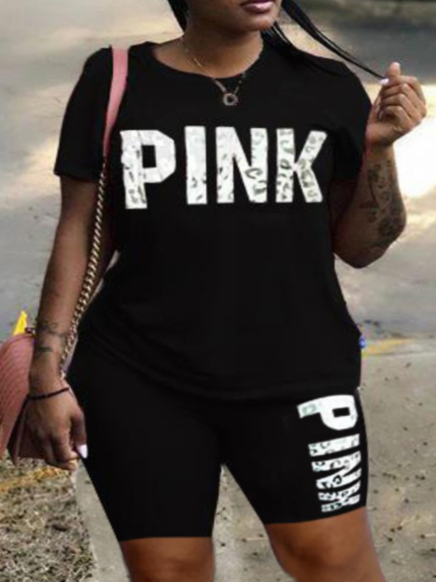 

LW Plus Size Pink Letter Print Shorts Set, Black