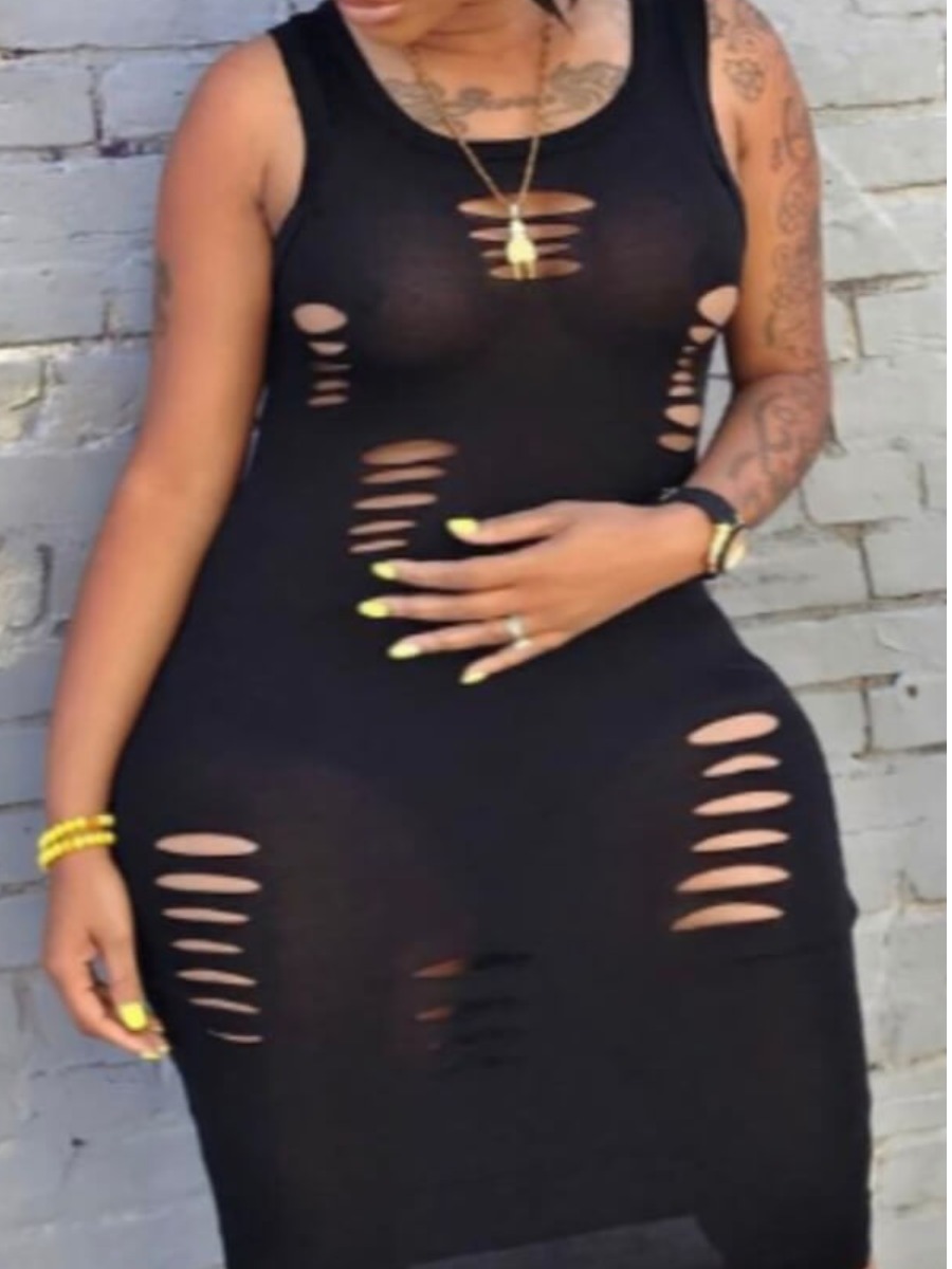 LW Plus Size Round Neck Ripped Bodycon Dress