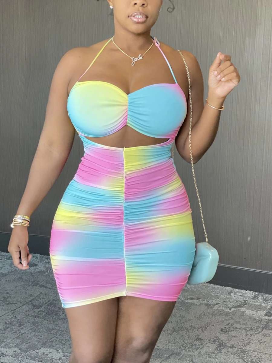 

LW SXY Plus Size Tie-dye Backless Ruched Dress, Pink