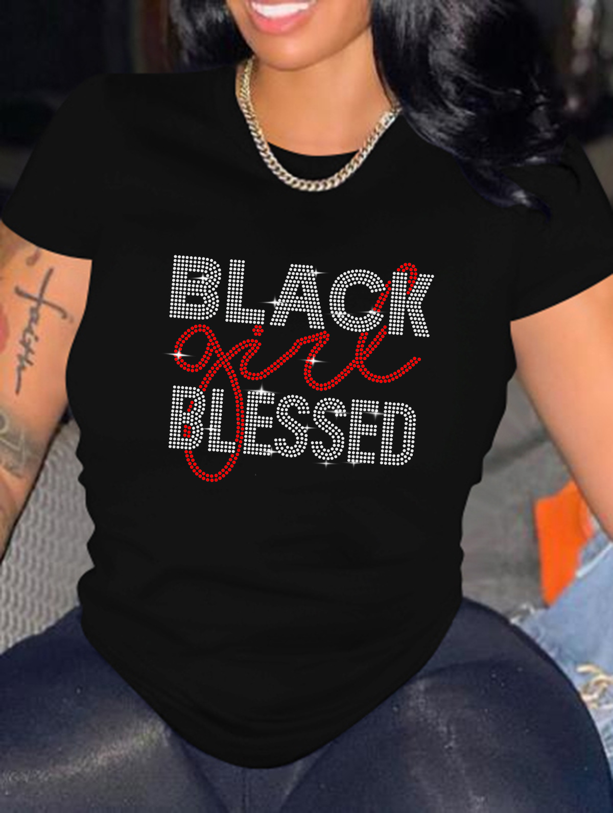 

LW Rhinestone Blessed Letter T-shirt, Black