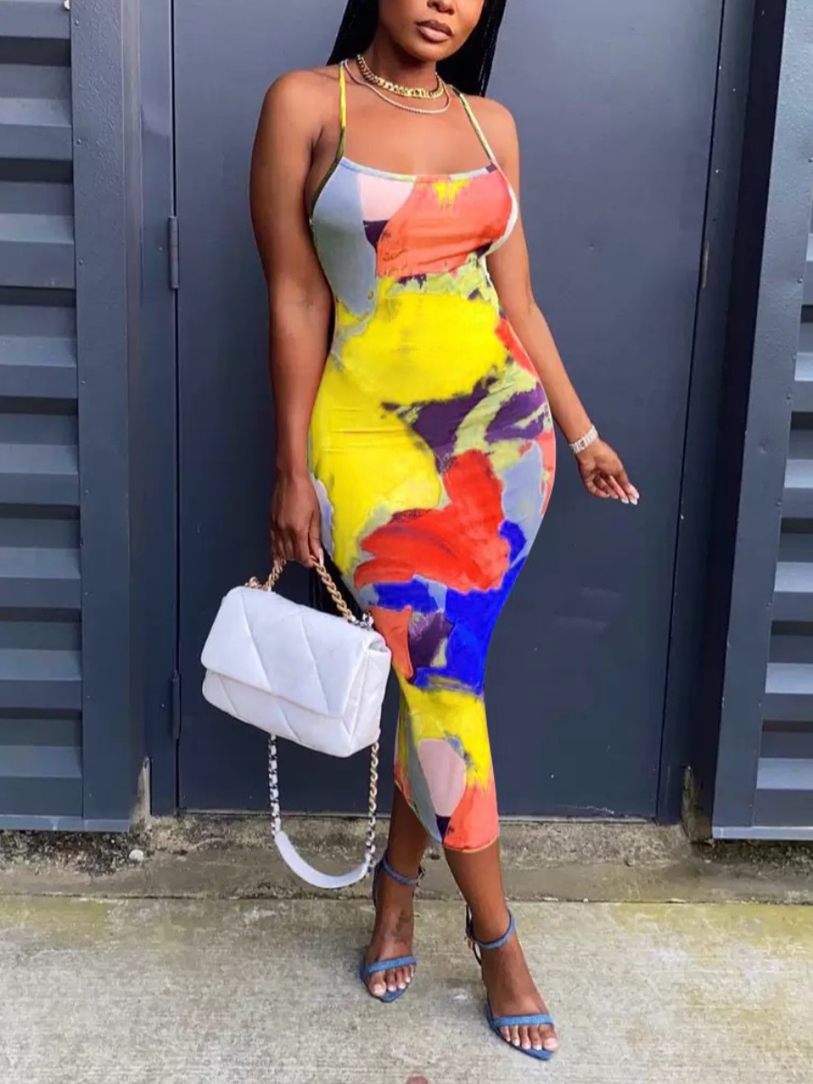 LW Mixed Print Backless Bodycon Dress