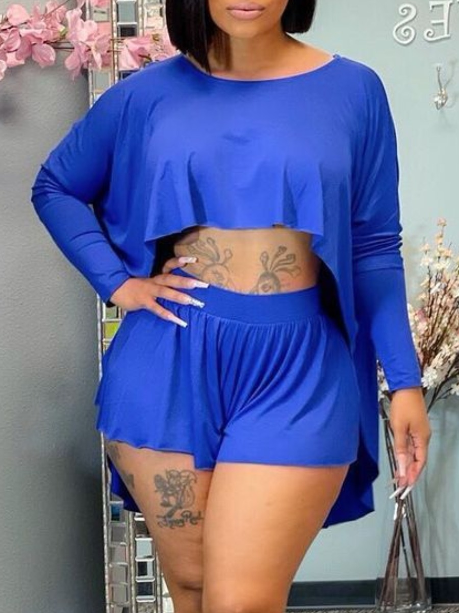

LW Plus Size Crop Top Loose Stretchy Shorts Set, Blue