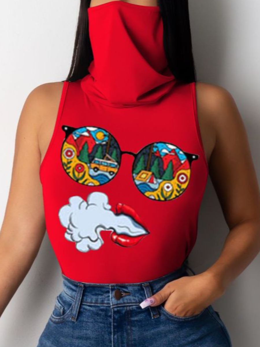 

LW Turtleneck Cartoon Lip Print T-shirt, Red