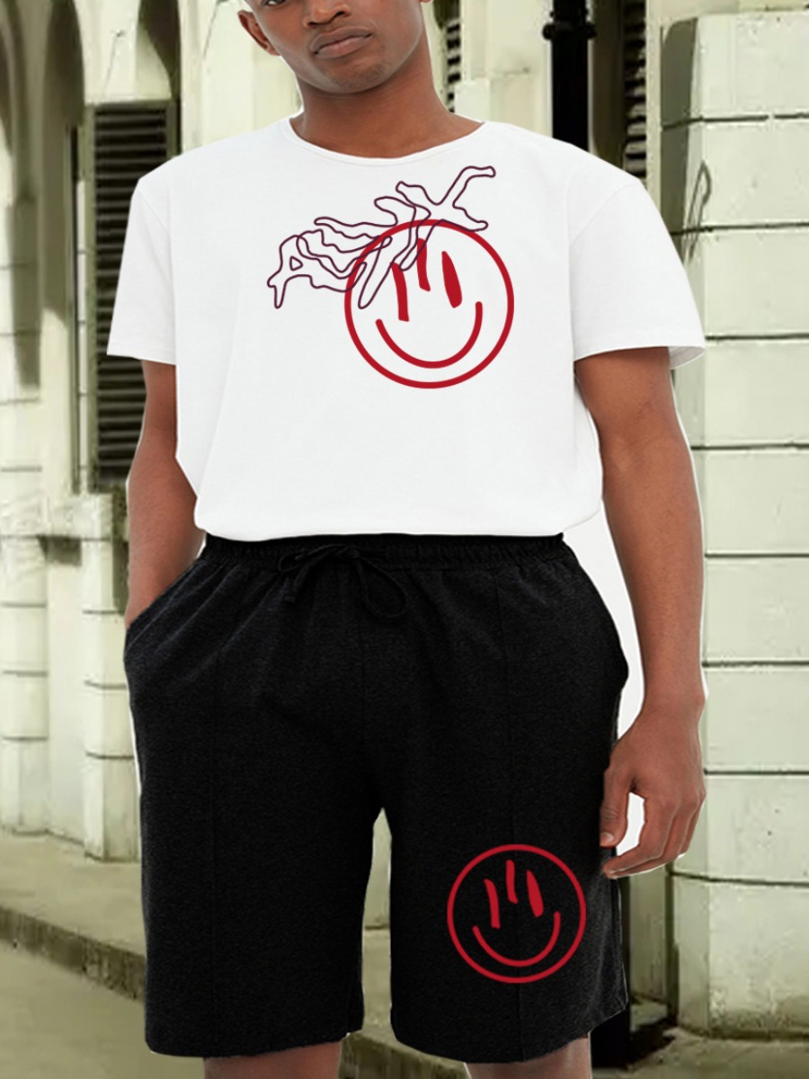 

LW Men Smiley Face Letter Print Shorts Set, White