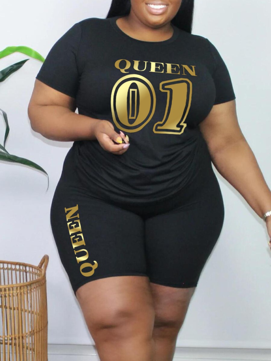 

LW Plus Size Queen Letter Print Shorts Set, Black