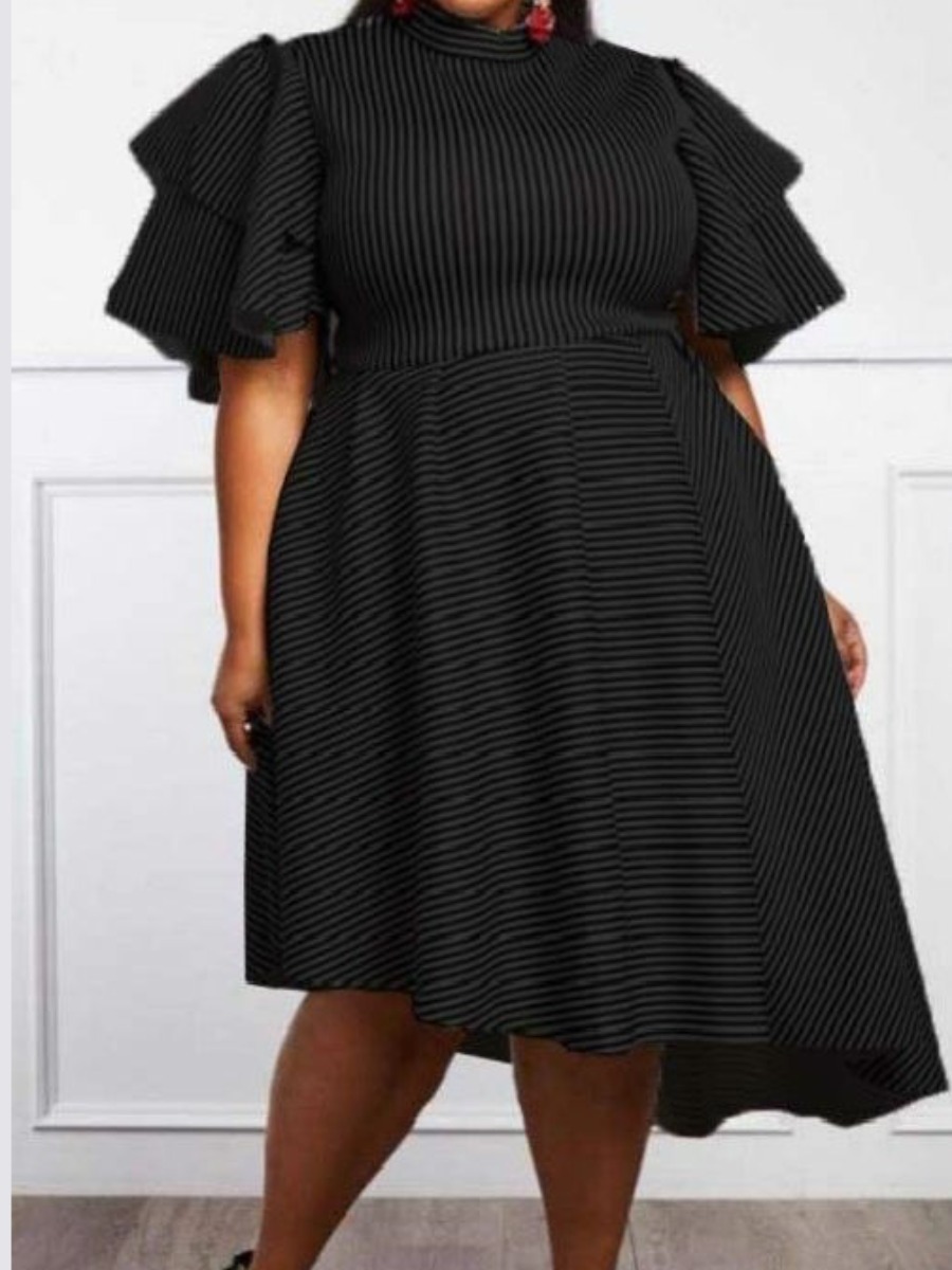 

LW SXY Plus Size Flounce Design Striped A Line Dress, Black